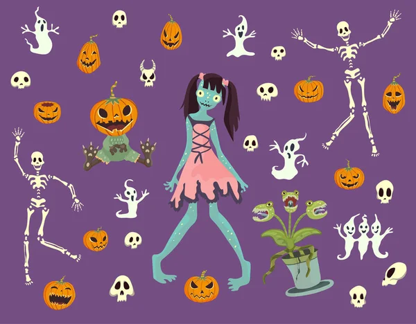 Ensemble d'Halloween. Fille zombies, squelettes, crânes, citrouilles et autres personnages d'Halloween. Illustration vectorielle . — Image vectorielle