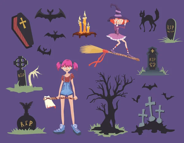 Sada Halloween. Dívka s axe, černá kočka, čarodějnice na koštěti, náhrobní kameny a další Halloween symboly. Vektorové ilustrace. — Stockový vektor