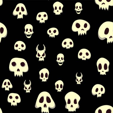 Kafatasları ile Seamless Cadılar Bayramı modeli. Vektör çizim, siyah arka plan üzerine izole.