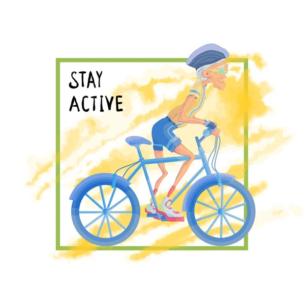 Oudere man rijdt op een fiets. Actieve levensstijl en sport activiteiten op oudere leeftijd. Sjabloon voor poster of flyer voor een sportclub of sportevenement. Vectorillustratie. — Stockvector