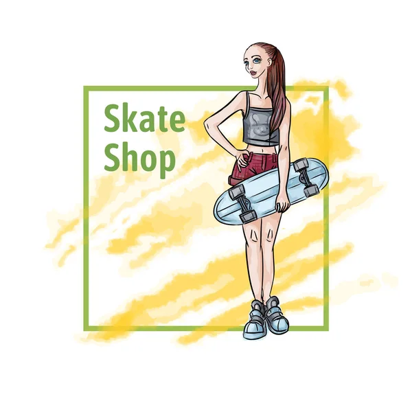 Menina bonito nova com um skate. Desportos radicais urbanos, estilo de vida activo. Modelo de cartaz ou folheto para Skate Shop. Ilustração vetorial, isolada sobre branco . — Vetor de Stock