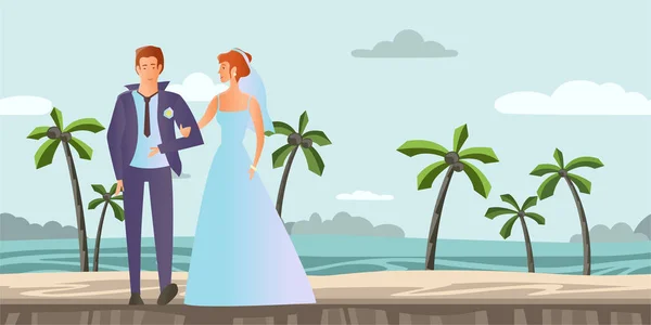 Una coppia innamorata. Giovane uomo e donna al matrimonio su una spiaggia tropicale con palme. Illustrazione vettoriale . — Vettoriale Stock