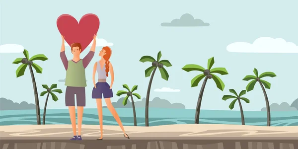 Um jovem casal apaixonado. Homem e mulher em um encontro romântico em uma praia tropical com palmeiras. Ilustração vetorial . —  Vetores de Stock