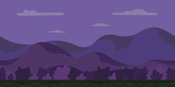 Fondo de dibujos animados sin fin sin fisuras para el juego de arcade. Paisaje montañoso nocturno con arbustos. Ilustración vectorial . — Vector de stock