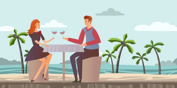 A pár a szerelem. Fiatal férfi és a nő romantikus napján, egy trópusi tengerparton a pálmafák. Romantikus vacsora a tenger mellett. Vektoros illusztráció. — Stock Vector