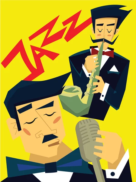 Modèle d'affiche pour concert de musique jazz. L'homme joue du saxophone, le chanteur chante dans le microphone. Illustration vectorielle . — Image vectorielle
