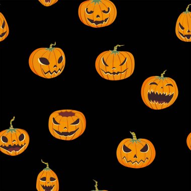 Oyma pumpkinst ile Seamless Cadılar Bayramı modeli. Jack-o-lantern. Vektör çizim, siyah arka plan üzerine izole.