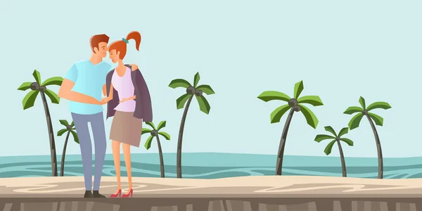 Молодая влюбленная пара. Мужчина и женщина на романтическом свидании на тропическом пляже с пальмами. Векторная иллюстрация . — стоковый вектор