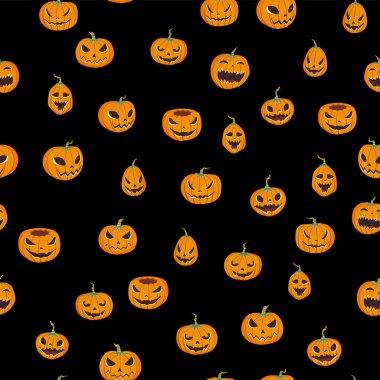 Oyma pumpkinst ile Seamless Cadılar Bayramı modeli. Jack-o-lantern. Vektör çizim, siyah arka plan üzerine izole.