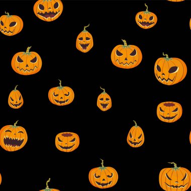 Oyma pumpkinst ile Seamless Cadılar Bayramı modeli. Jack-o-lantern. Vektör çizim, siyah arka plan üzerine izole.