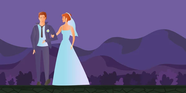 Pareja joven enamorada. Hombre y mujer en la ceremonia de boda en el paisaje de montaña. Ilustración vectorial . — Archivo Imágenes Vectoriales