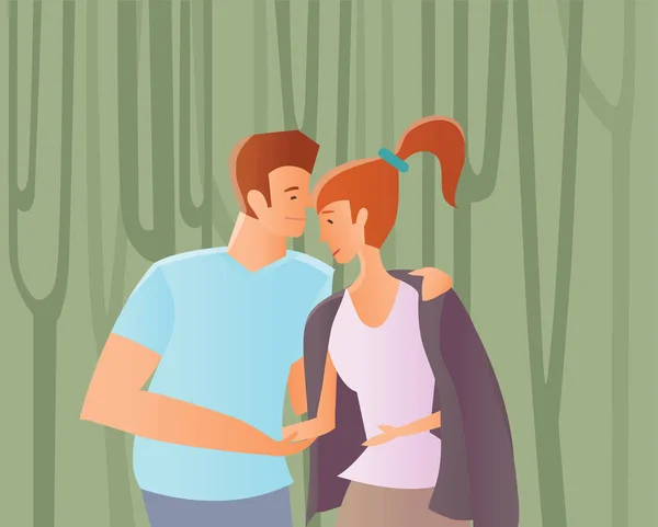 Um casal apaixonado. Homem e mulher caminhando entre árvores em um parque ou na floresta. Ilustração vetorial . — Vetor de Stock