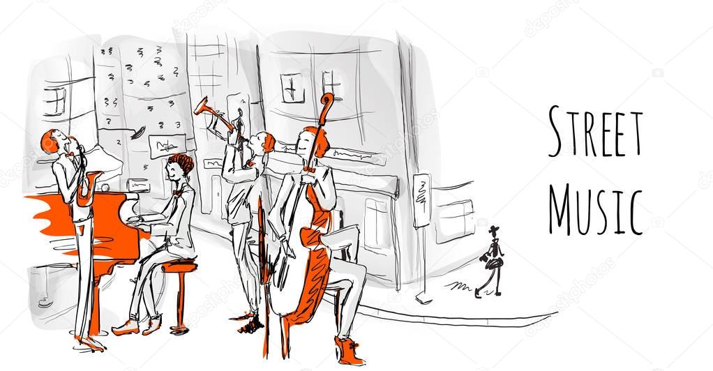 A musical band of street musicians. The Quartet plays jazz on a city street. Vector illustration in sketch style.