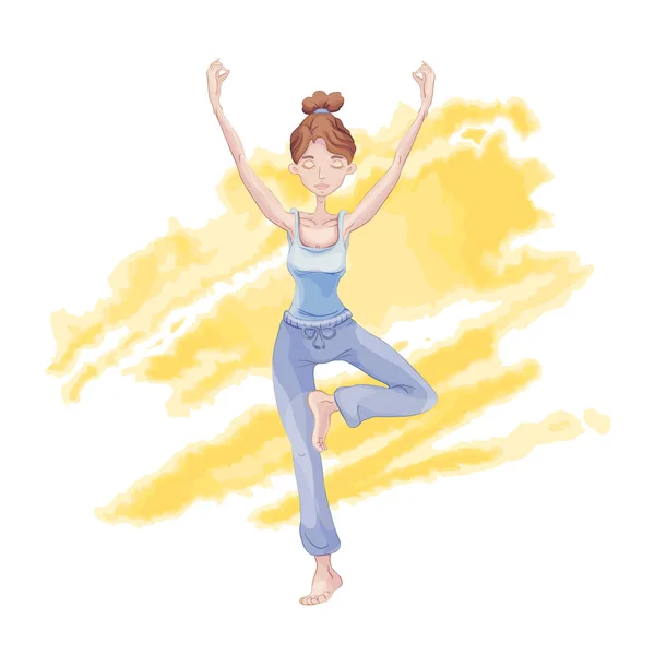 Chica joven practica yoga, de pie en una pierna en la posición de Loto. Mancha de acuarela amarilla en el fondo . — Vector de stock