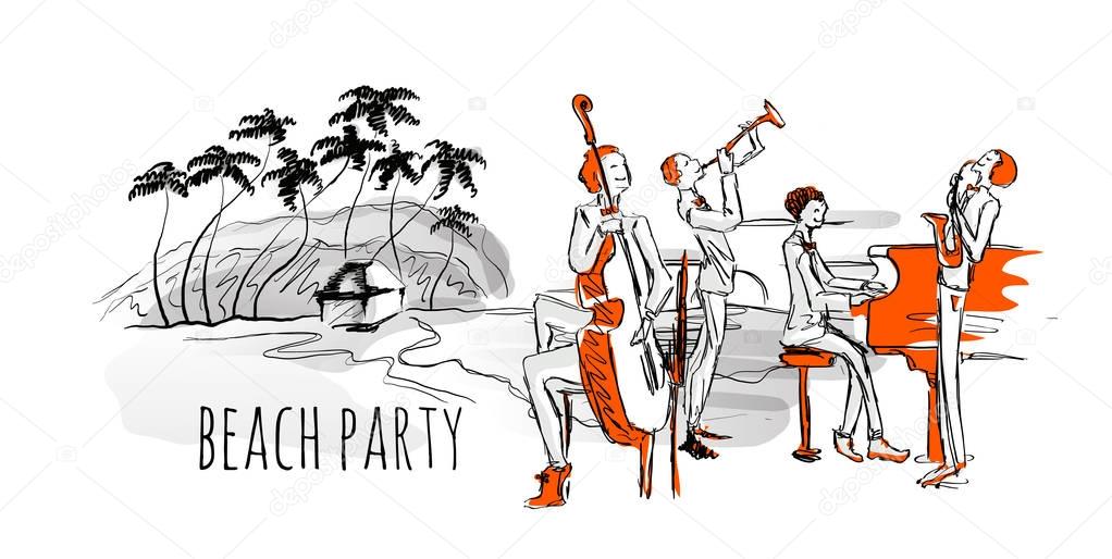 Jazz concert on the beach. Jazz band and sea shore with palm trees. Hand-drawn vector illustration.