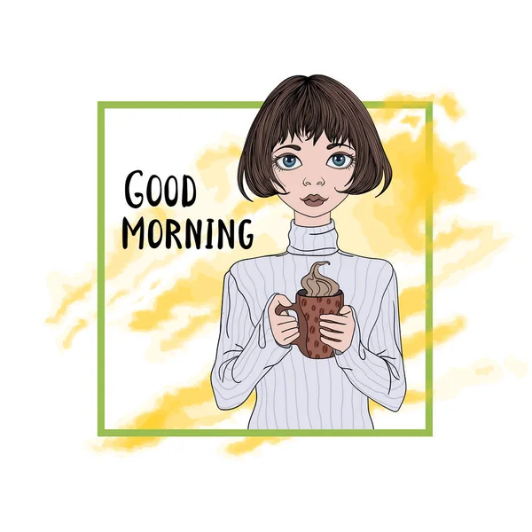 Joven linda chica bebiendo café. Ilustración vectorial, aislada en blanco . — Archivo Imágenes Vectoriales