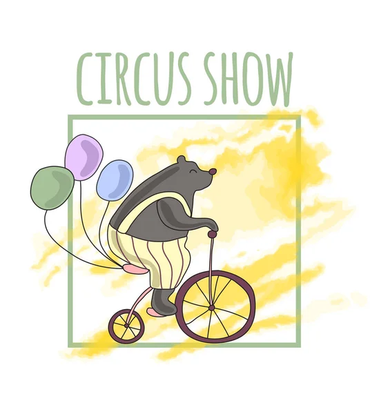 A sablon a cirkuszi show plakát. Képzett medve lovaglás kerékpár. Vektoros illusztráció, elszigetelt fehér. — Stock Vector