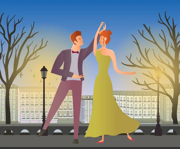 Una pareja joven. Hombre y mujer bailando bailes de salón en la calle del casco antiguo. Ilustración vectorial . — Archivo Imágenes Vectoriales