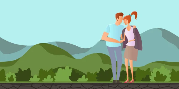 Pár v lásce. Mladý muž a žena na romantické rande v horské krajině. Muž drží ženu. Vektorové ilustrace. — Stockový vektor