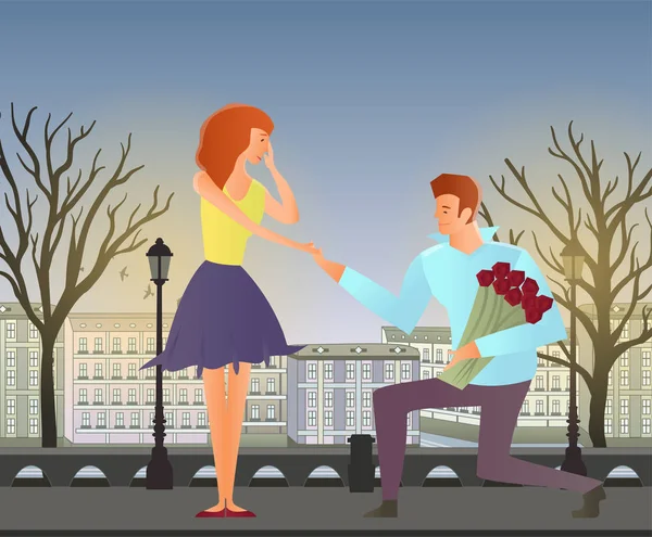 Aşık genç bir çift. Erkek ve kadın sokakta tarihi kentin romantik bir tarih. Vektör çizim.