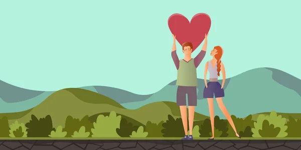 Pareja joven enamorada. Hombre y mujer en una cita romántica en el paisaje de montaña. Ilustración vectorial . — Vector de stock