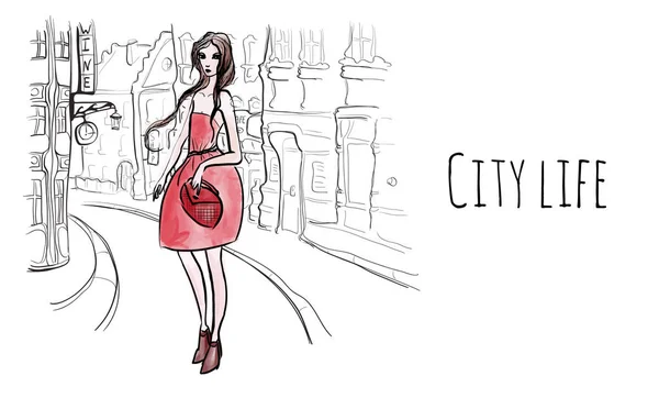 Jovem mulher bonita em vestido vermelho nas ruas da cidade velha. Ilustração desenhada à mão vetorial em estilo esboço . —  Vetores de Stock