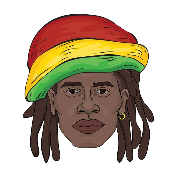 Rastaman portresi. Siyah yüz bir Rastaman şapkalı adamın. Vektör çizim, üzerinde beyaz izole.