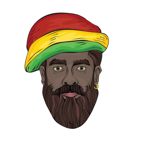 Portrait of rastaman. The black mans face in a Rastaman hat. Vector illustration, isolated on white.