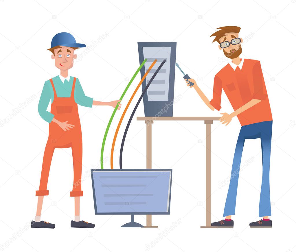 Two men repairing a computer or connect it to the network. Service repair of computers. Vector illustration, isolated on white background.