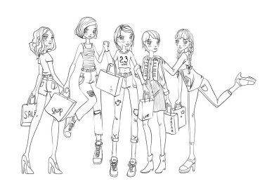 Bir grup kız elinde alışveriş torbaları ile. Anahat vektör çizim, beyaz arka plan üzerinde izole.