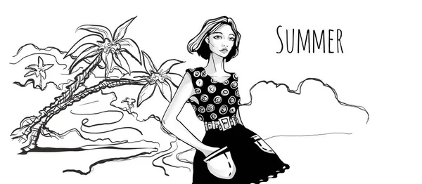 Modieuze meisje lopen op tropisch strand met palmbomen. Schets handgetekende vectorillustratie, zwart-wit. — Stockvector