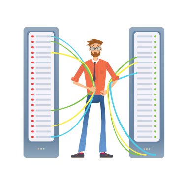 Bir bilgisayar sunucu veya bir render farm ile çalışan bir adam. Veri Merkezi teknik uzman. Vektör çizim, üzerinde beyaz izole.