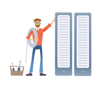 Bir bilgisayar sunucu veya bir render farm ile çalışan bir adam. Veri Merkezi teknik uzman. Vektör çizim, üzerinde beyaz izole.