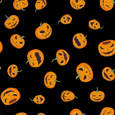 Oyma pumpkinst ile Seamless Cadılar Bayramı modeli. Jack-o-lantern. Vektör çizim, siyah arka plan üzerine izole.