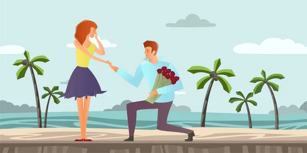 Pareja joven enamorada. Hombre y mujer en una cita romántica en una playa tropical con palmeras. Ilustración vectorial . — Archivo Imágenes Vectoriales