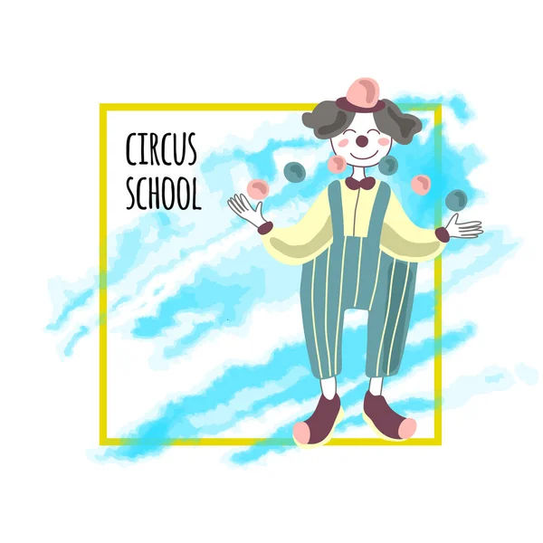 A sablon a cirkuszi show plakát. Egy bohóc juggles labdák. Vektoros illusztráció, elszigetelt fehér. — Stock Vector