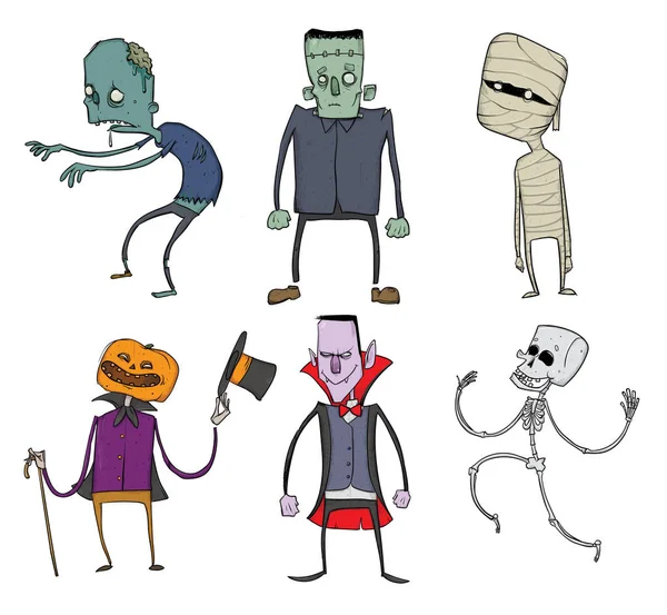 Vector Conjunto de personajes de Halloween. Zombie, esqueleto, momia y otros monstruos aterradores. Ilustración, aislada sobre fondo blanco . — Vector de stock