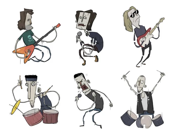 Rocková hudba kapela set. Hudební skupina. Kytaristů, zpěváků a bubeníci hrát heavy metalu. Vektor znaky, ilustrace, izolované na bílém. — Stockový vektor