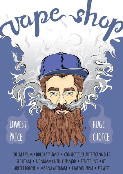 Жестокий бородатый хипстер создаёт облако. Парит или курит. Векторный шаблон плаката для vape shop . — стоковый вектор
