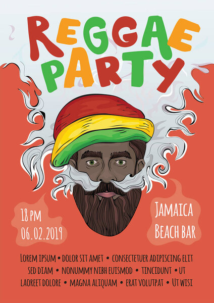 Vector illustration, template of advertising poster for reggae music concert or party. Black man in rasta hat making smoke cloud. Rastaman smoking marijuana.