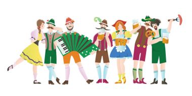 Erkekler ve kadınlar Octoberfest kümesi. Ulusal kostüm karakter. Vektör düz çizim üzerinde beyaz izole restoran ya da bar menüsü.