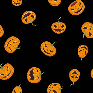 Oyma pumpkinst ile Seamless Cadılar Bayramı modeli. Jack-o-lantern. Vektör çizim, siyah arka plan üzerine izole.