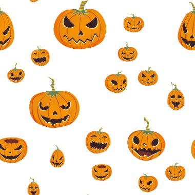 Oyma pumpkinst ile Seamless Cadılar Bayramı modeli. Jack-o-lantern. Vektör çizim, beyaz arka plan üzerinde izole.
