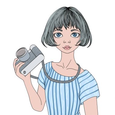 Fotoğraf makinesi olan genç kız. Vektör portre çizim, beyaz arka plan üzerinde izole.