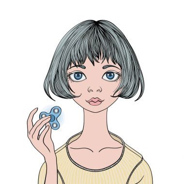 Topluca spinner ile oynayan genç kız. El spinner - anti stres oyuncak okul çocuklar ve yetişkinler için popüler. Vektör çizim, beyaz arka plan üzerinde izole.