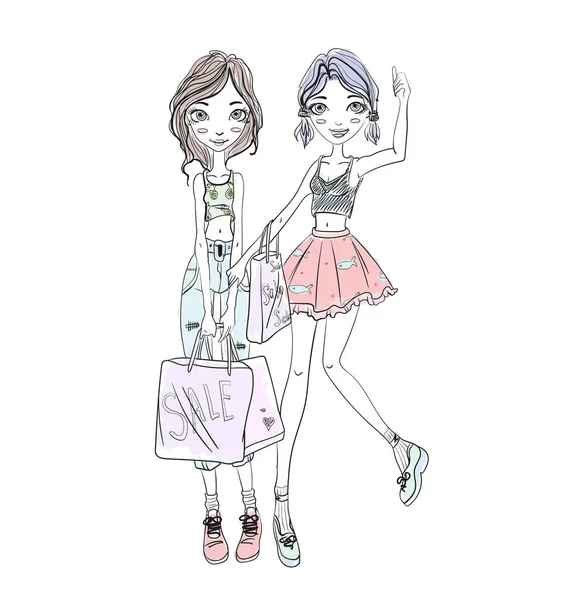 Twee jonge meisjes houden van boodschappentassen in handen. Handgetekende schets. Vectorillustratie, geïsoleerd op witte achtergrond. — Stockvector