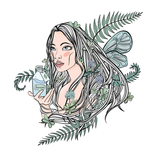 Hermosa chica sosteniendo una botella de cosméticos. Las hojas de las plantas en su cabello - el símbolo de la cosmética natural. Ilustración vectorial, aislada en blanco . — Archivo Imágenes Vectoriales