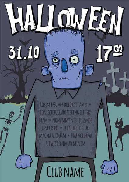 Plakát nebo leták na Halloween party. Zombie chůze mezi hroby na hřbitově. Vektorové ilustrace šablon. — Stockový vektor