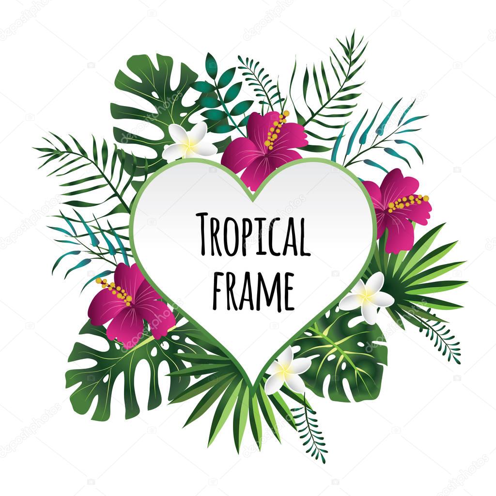 Tropical frame, template with place for text. Vector illustration, isolated on white.