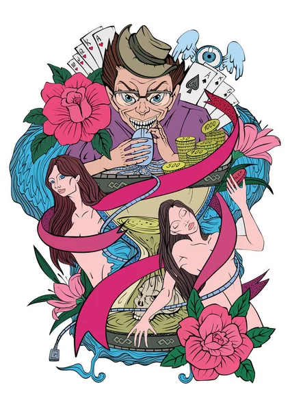 O conceito de casino, jogos de cartas online, poker. O homem louco joga cercado por ampulheta, mulheres nuas e flores. Ilustração vetorial, isolada sobre branco . —  Vetores de Stock